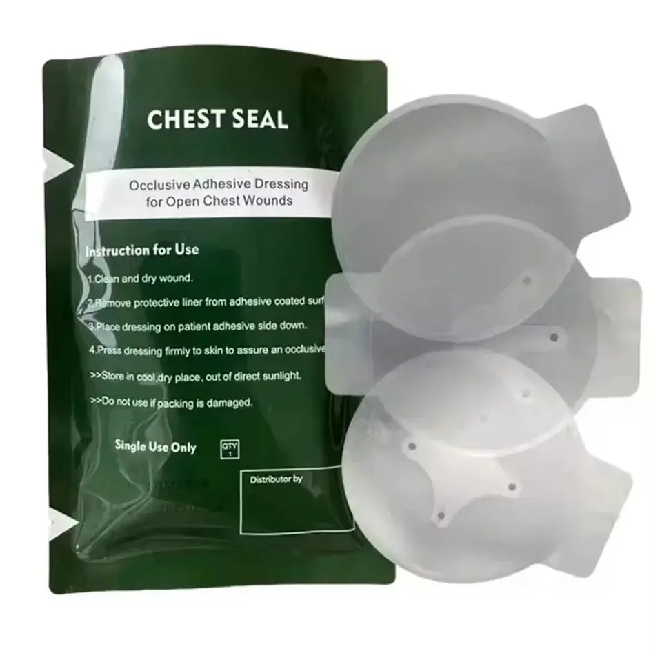 Chest Seal kit by Simples Market; green package with four transparent occlusive chest seal discs.