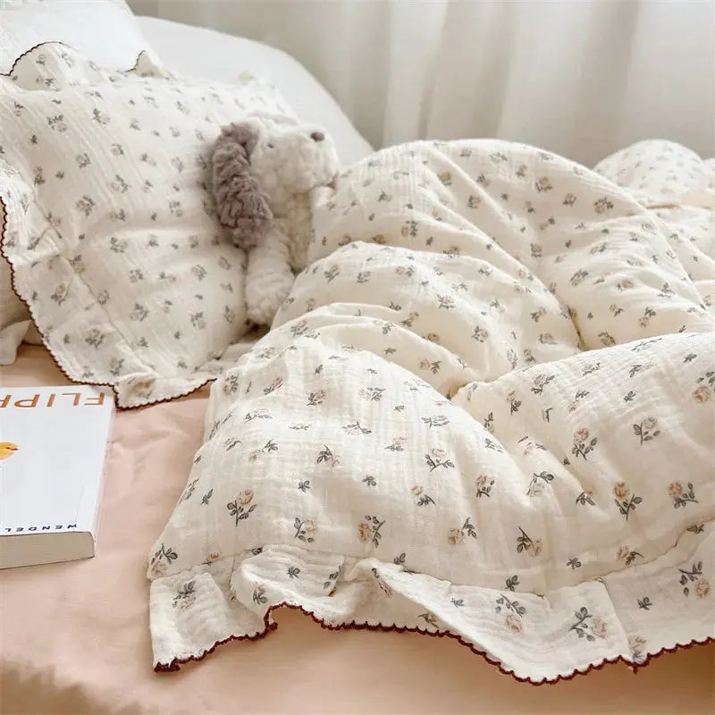 Simples Market INS Princess ruffle-edge gauze 100% cotton bedding set, 3pcs with cream floral print