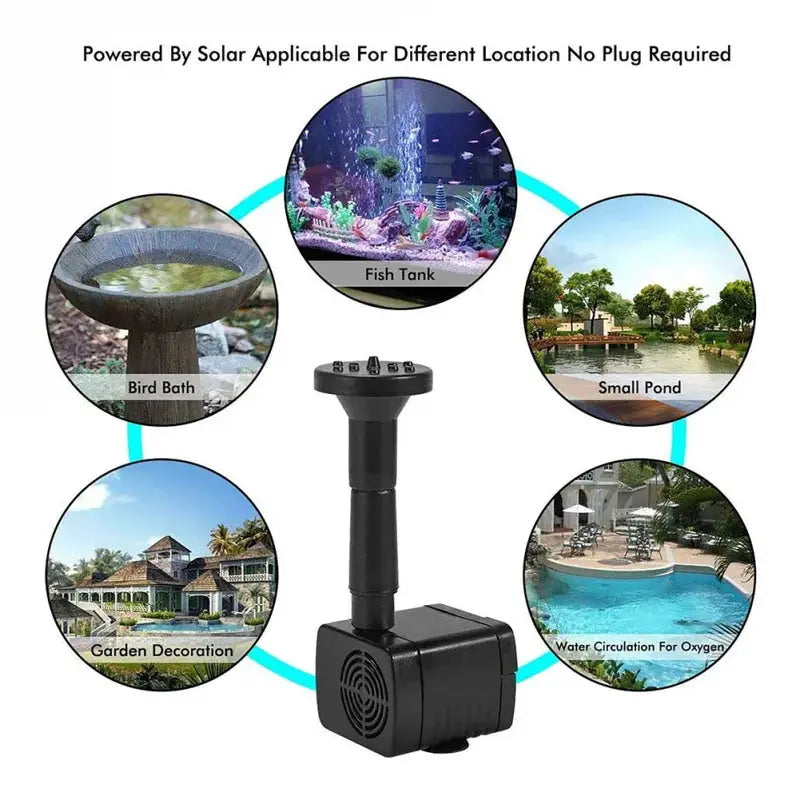 Solar fountain pump with 6 nozzles, black plastic, by Simples Market, for ponds and bird baths.