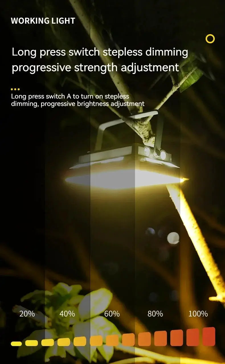 LED camping tent light; black metal housing, rechargeable, waterproof hanging searchlight for outdoors