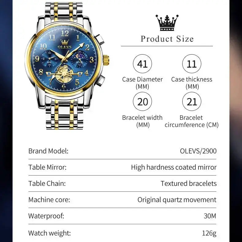 OLEVS 2900 men's moon phase wristwatch with blue dial, two-tone stainless steel bracelet, chronograph