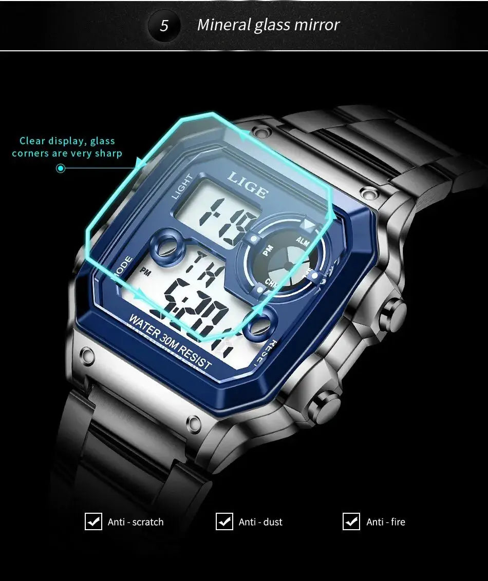 LIGE men's digital sport watch with blue bezel, stainless steel band, water-resistant 30m.