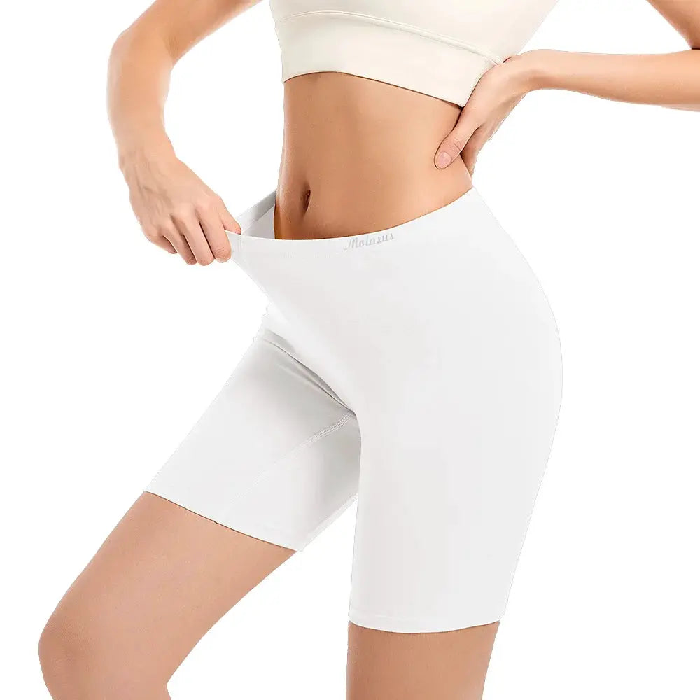 Molasus women's cotton high-waisted biker shorts underwear in white, anti-chafing mid-thigh length