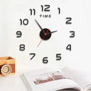 Large 3D DIY silent wall clock sticker with black numerals and red second hand.