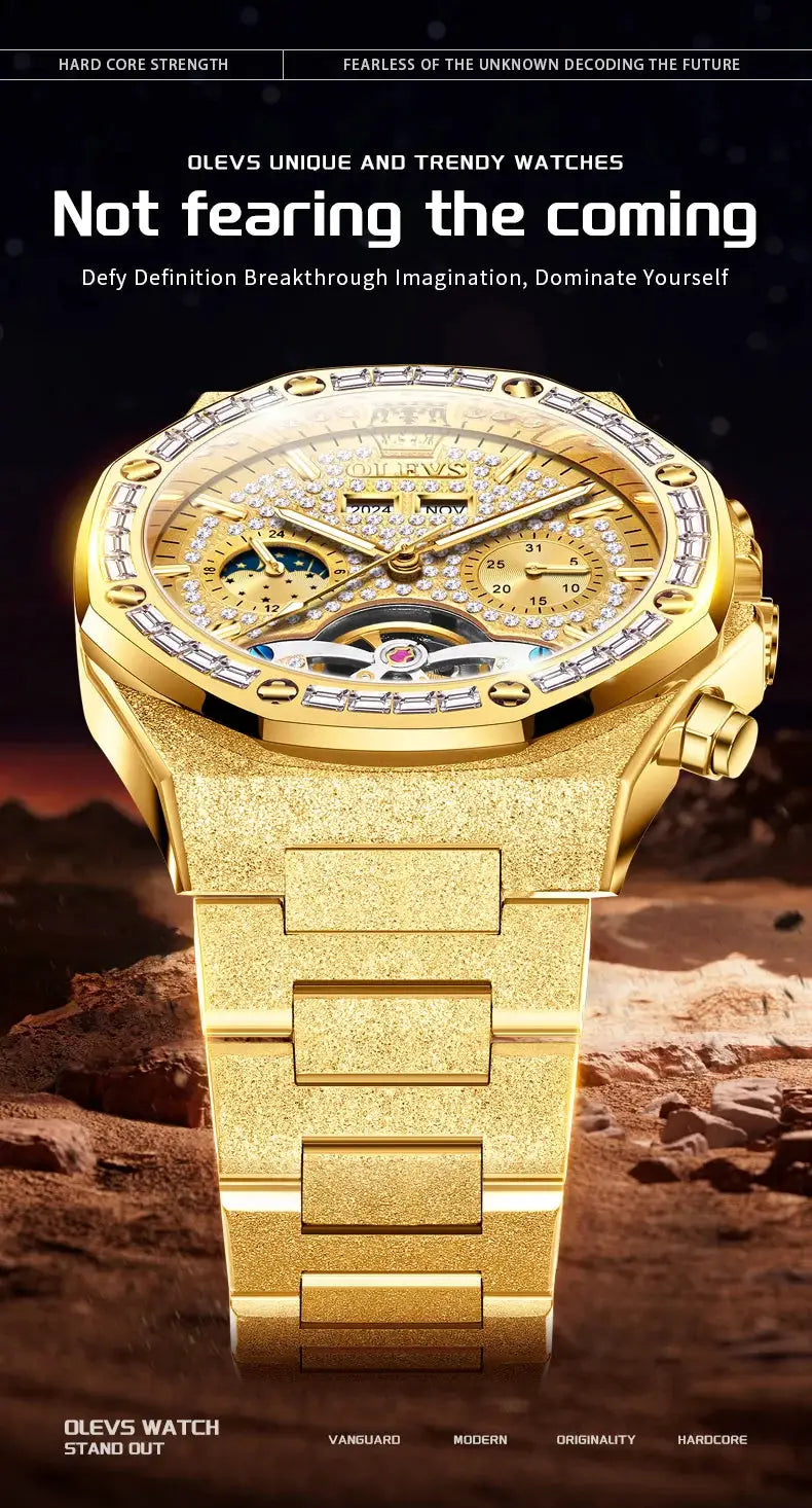 OLEVS gold-tone stainless steel men's luxury watch with diamond-studded bezel and skeleton dial