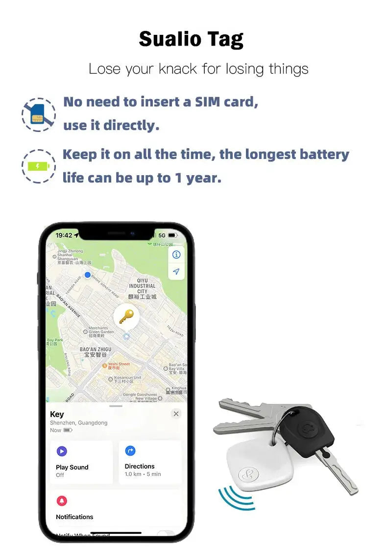 Simples Market Sualio Tag Bluetooth tracker, white square key tag with two keys and iPhone map