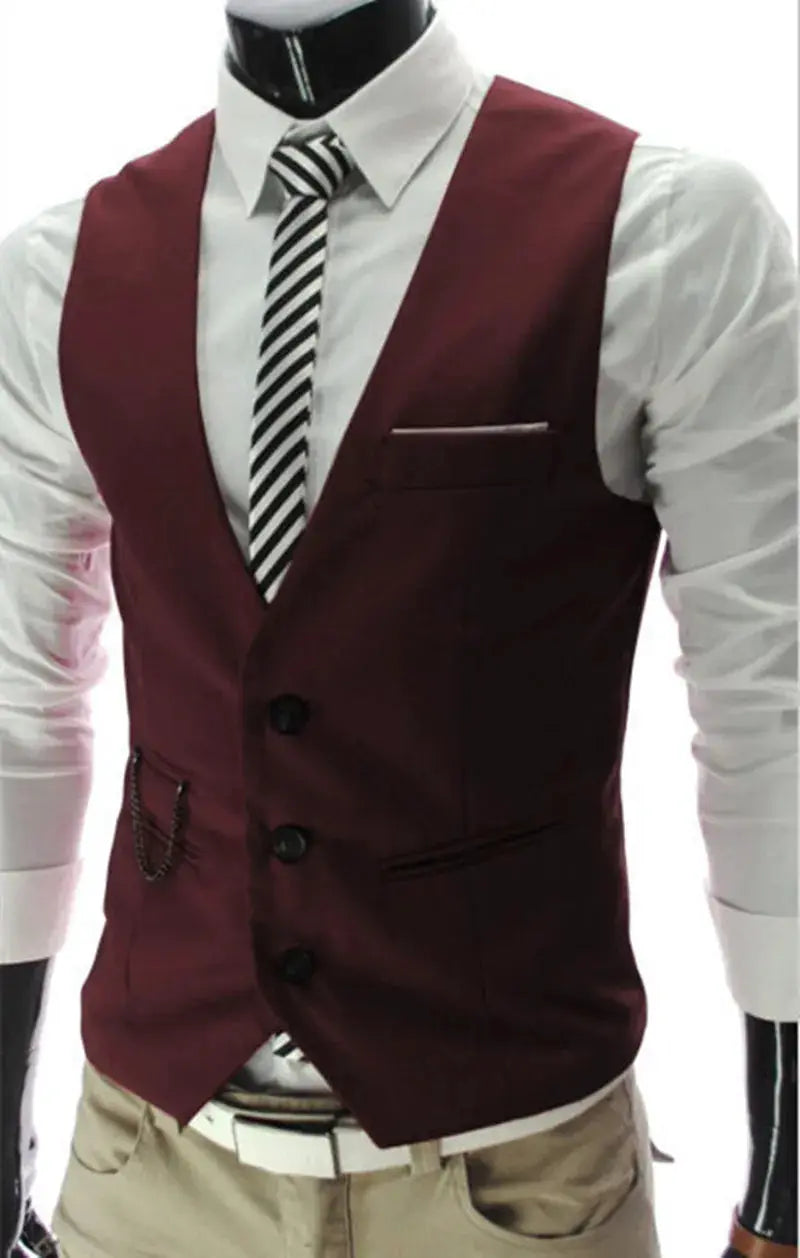 Simples Market men's burgundy dress vest, 7XL slim-fit waistcoat with pocket watch chain detail