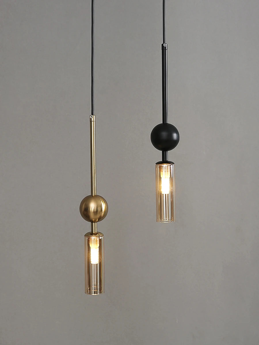 Nordic Light luxury pendant lights; gold and black metal with glass cylindrical shades and LED bulbs (pair)