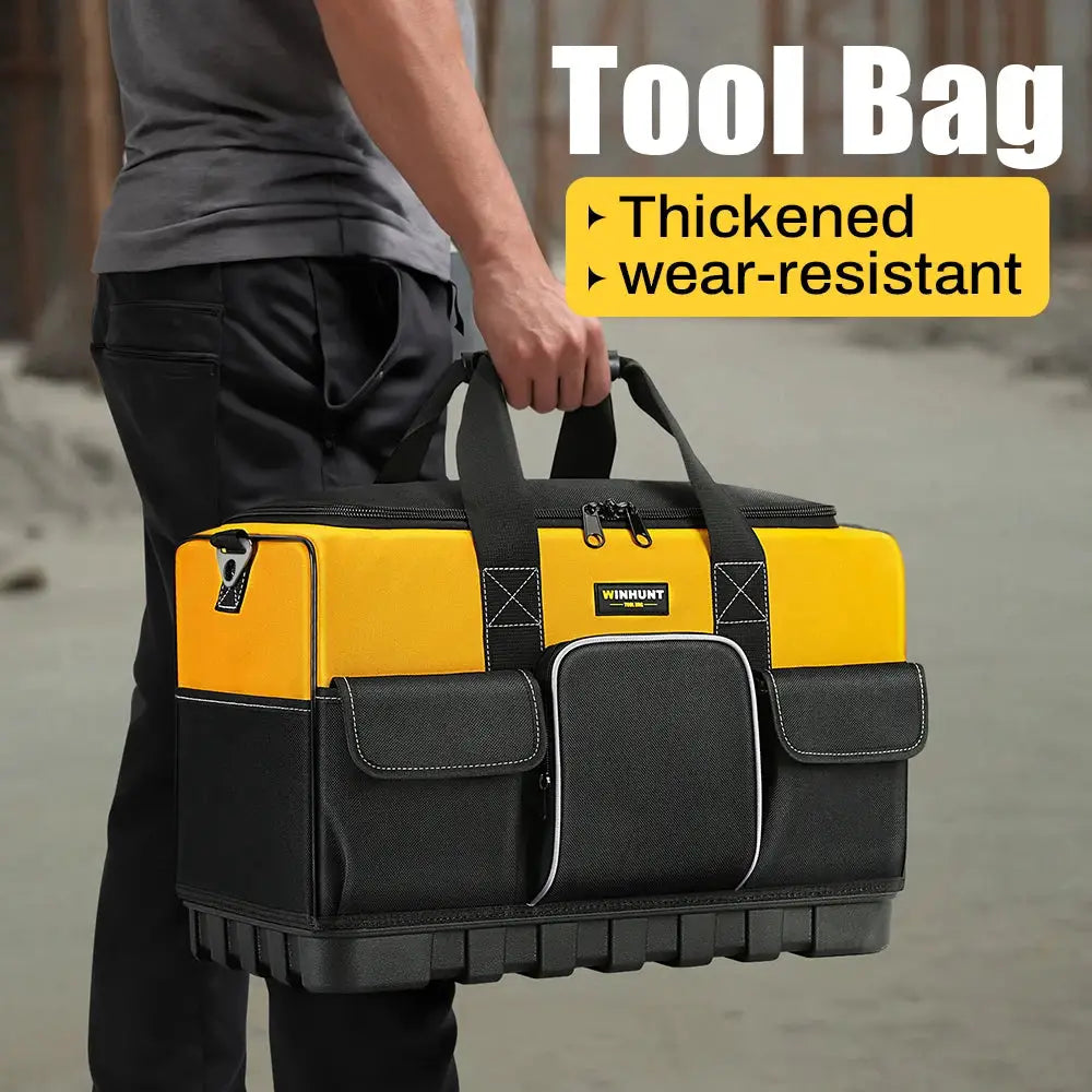 WINHUNT Heavy-Duty Tool Bag in yellow and black with wide-mouth opening, molded bottom and adjustable strap