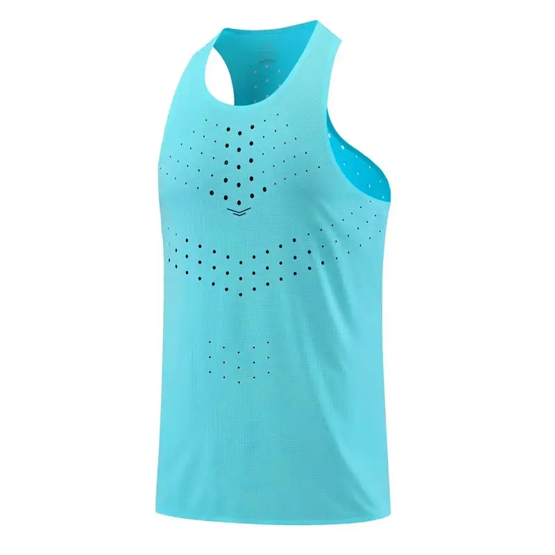 Athletic tank top, turquoise sleeveless running singlet by Simples Market with perforated dot pattern