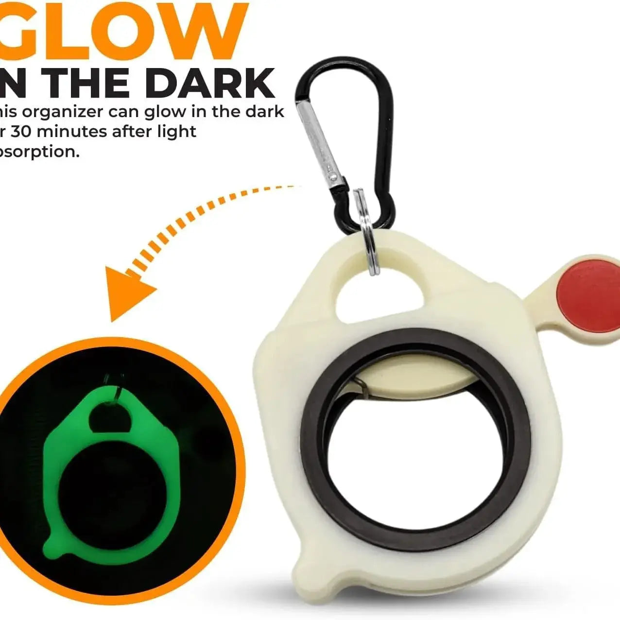 Simples Market glow-in-the-dark cable tie organizer with carabiner keychain; white body with black inner ring.
