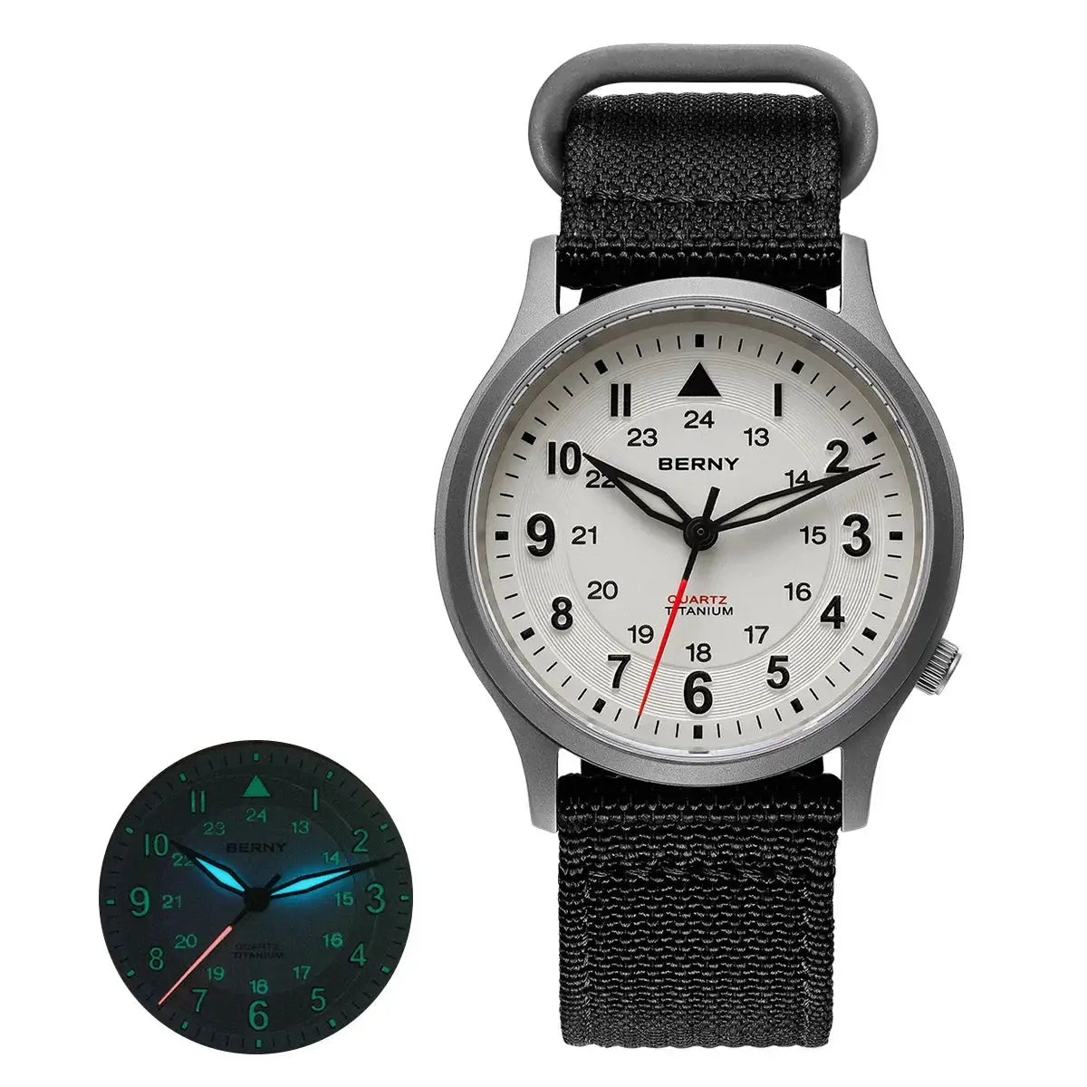 BERNY titanium field watch for men with white dial, black numerals and black fabric strap; glow-in-the-dark inset