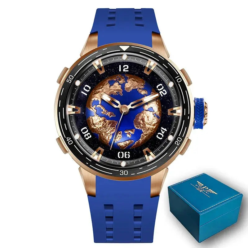 PINDU Planet Series watch with blue silicone strap, gold-tone case and world map dial beside a blue box