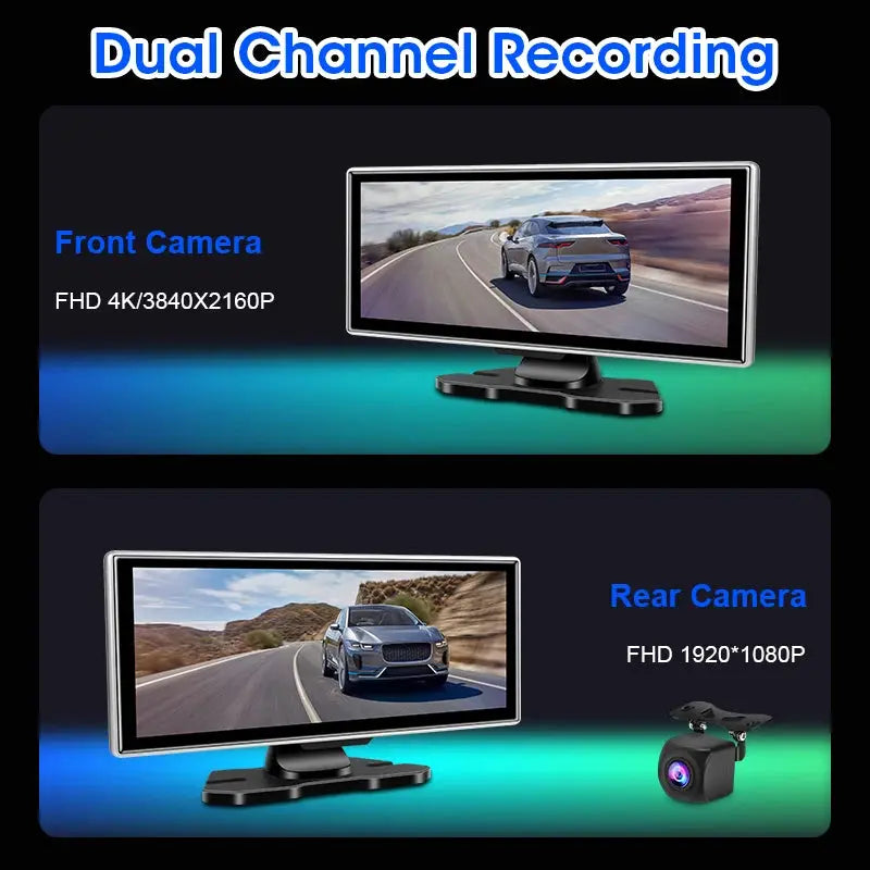 Dash Cam 4K Car DVR Wireless CarPlay Android Auto GPS Nav Dual Lens