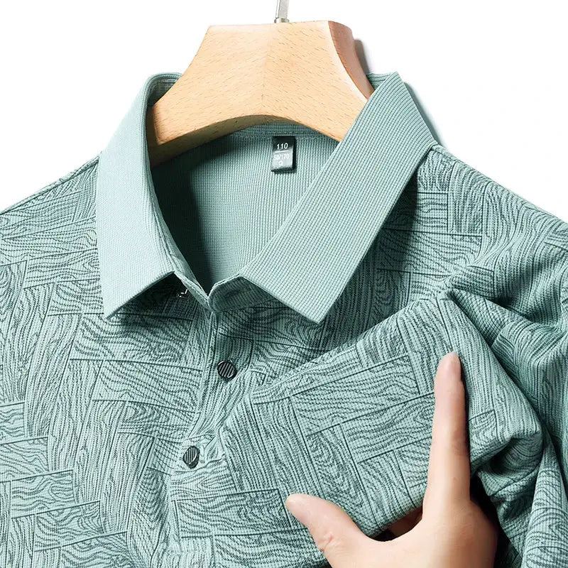 Simples Market polo shirt, teal geometric print, short sleeves