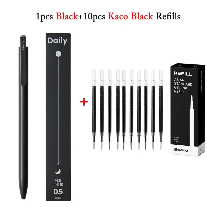 KACO gel pen with metal clip, black 0.5mm ink, 800m capacity, includes 10 refills