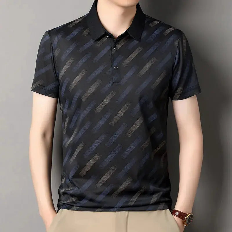 Men's polo shirt with short sleeves and a dark diagonal stripe print in navy and charcoal