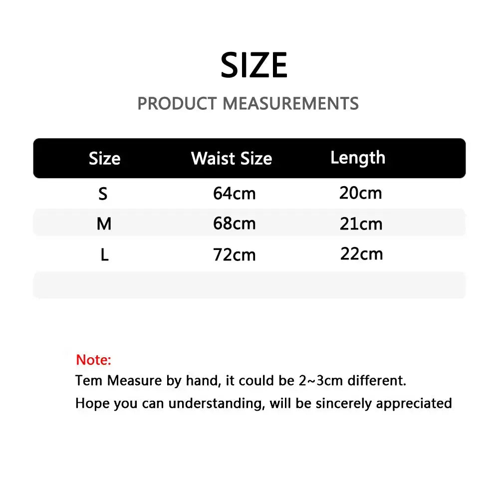 Thong size chart showing S, M, L with waist sizes 64cm, 68cm, 72cm and lengths 20cm, 21cm, 22cm.