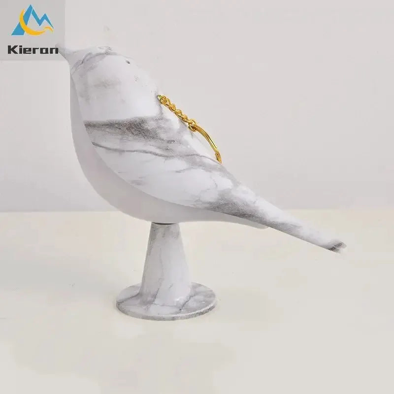 Magpie LED desk lamp in white marble finish with gold chain accent, Simples Market Nordic decorative bird lamp