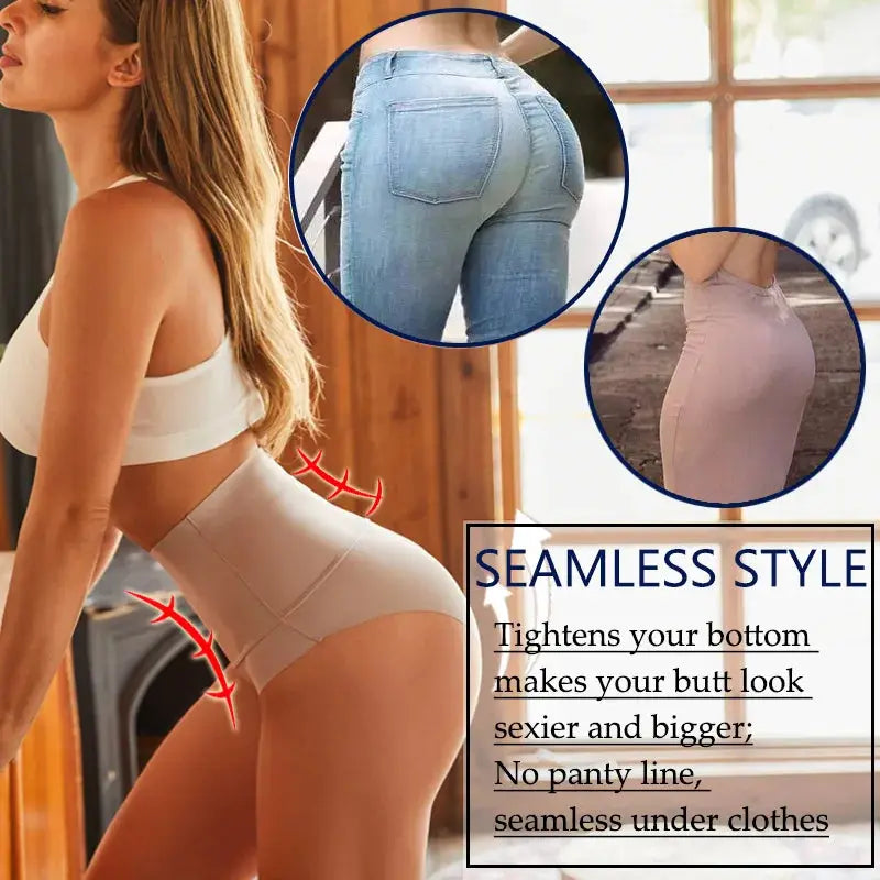 Seamless high-waist shapewear panties in beige ice-silk fabric, breathable elastic butt-lifter briefs