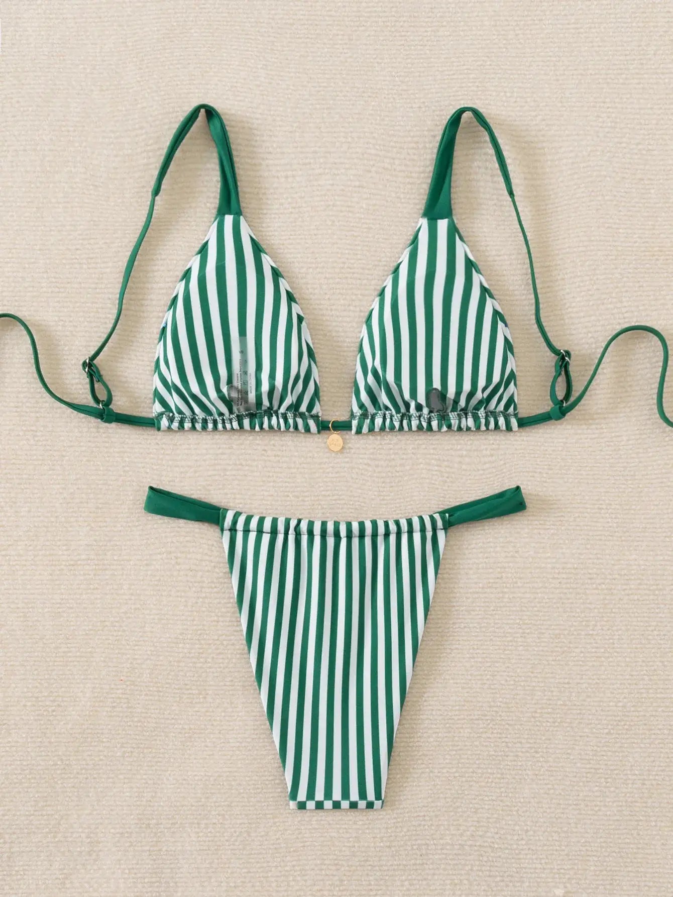Green and white striped triangle bikini set with matching Brazilian bottom.