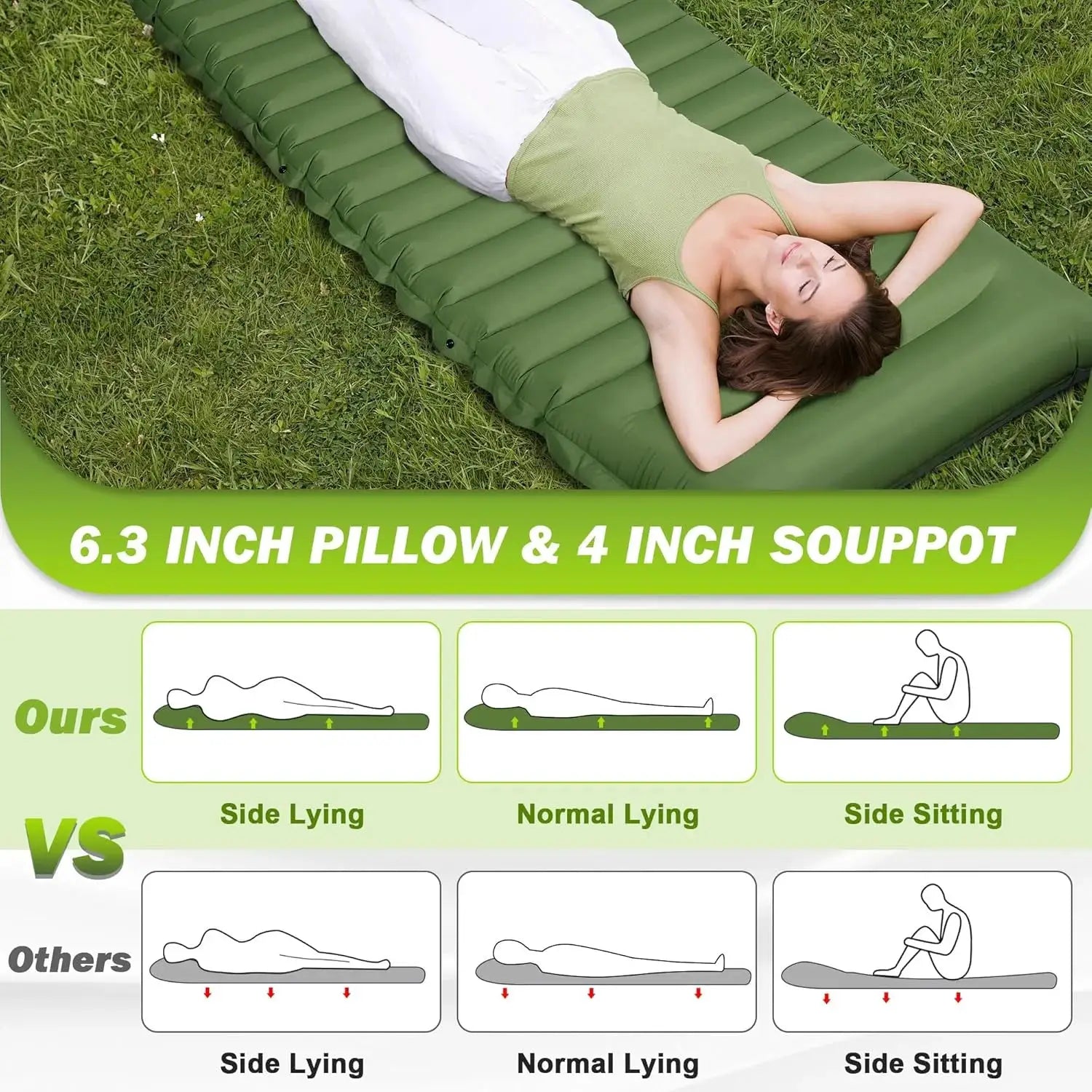 4-inch thick green camping sleeping pad on grass with a person lying on it