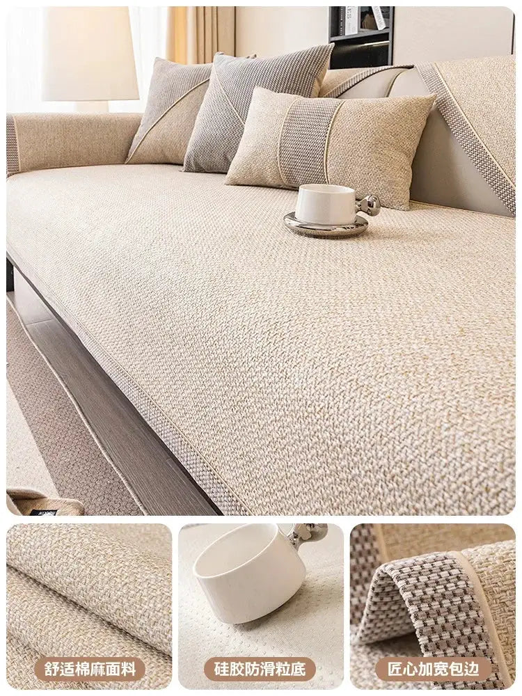 Simples Market linen sofa cover in beige woven fabric with non-slip backing