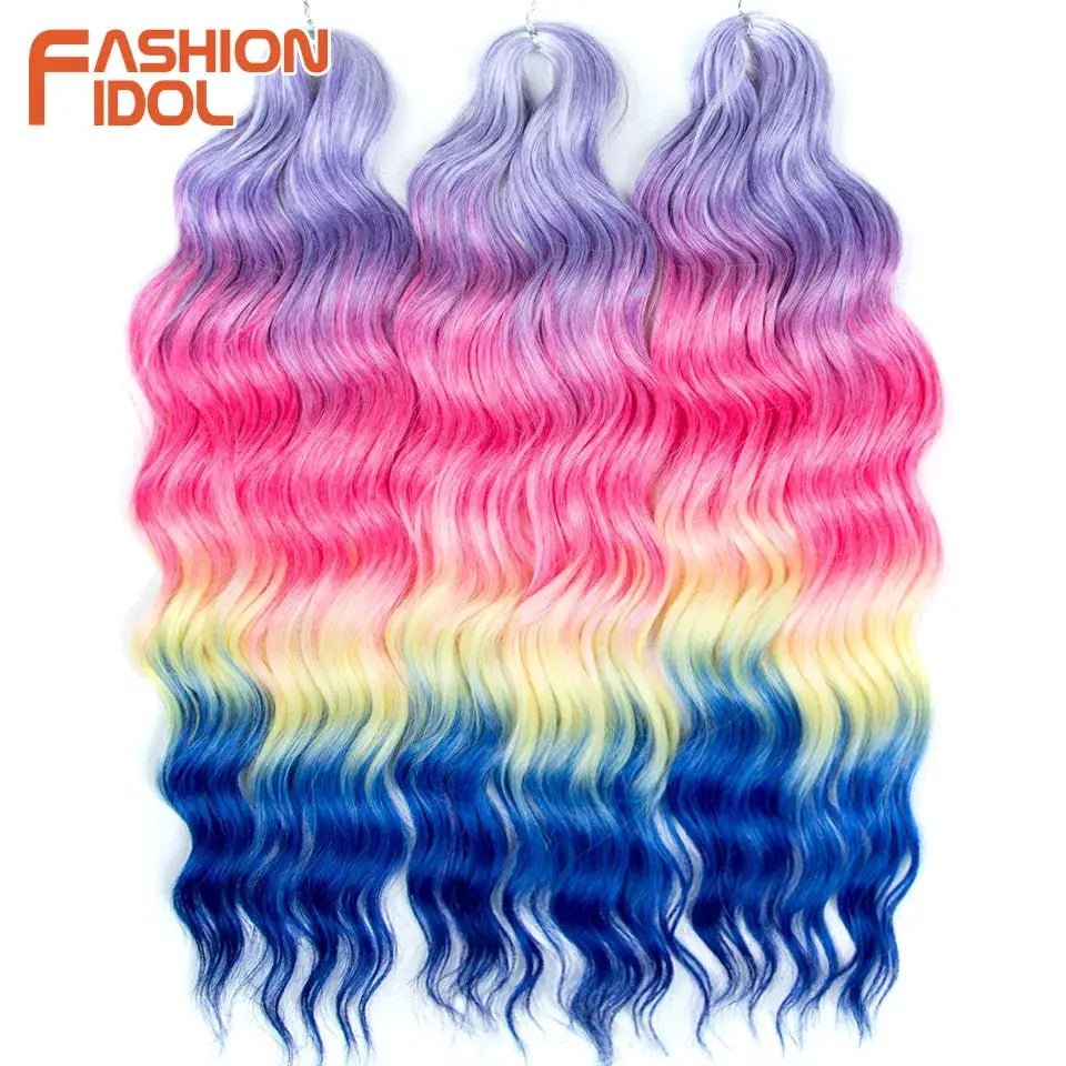 Three bundles of Anna 24in synthetic water-wave hair extensions in ombre purple pink yellow blue gradient