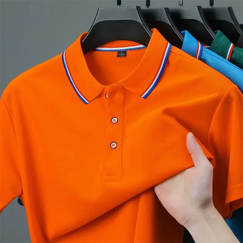 Men's orange polo shirt with blue striped collar, short sleeves; Simples Market, 4 color options on hangers