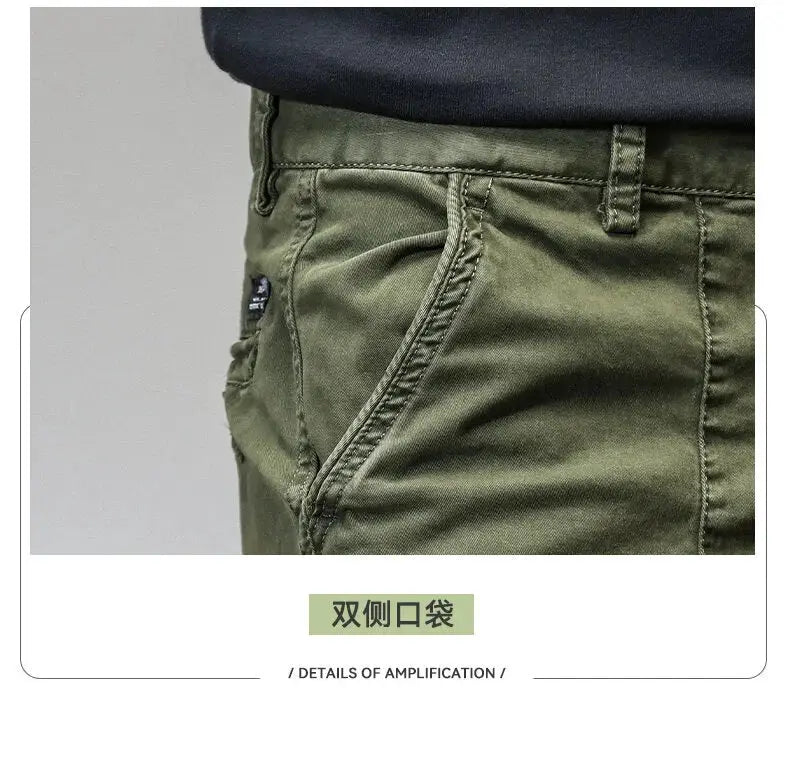 Men's olive green cargo joggers with multi-pocket design and diagonal side pocket