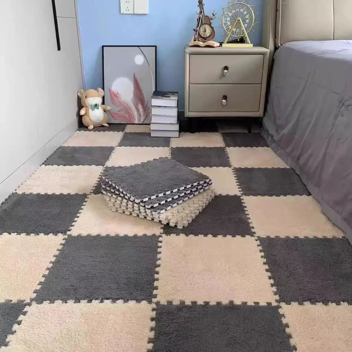 Simples Market 10Pcs plush puzzle foam floor mats 30x30 cm interlocking tiles gray and beige checkerboard