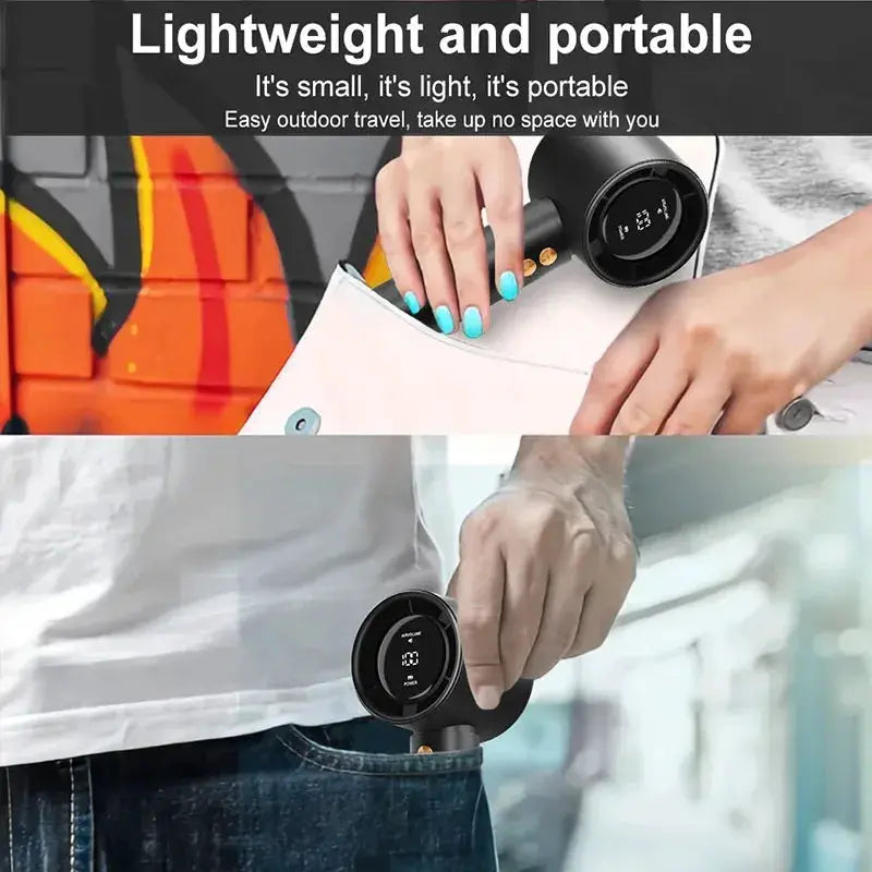Mini handheld USB fan, black round design with digital display, mute, portable for travel.