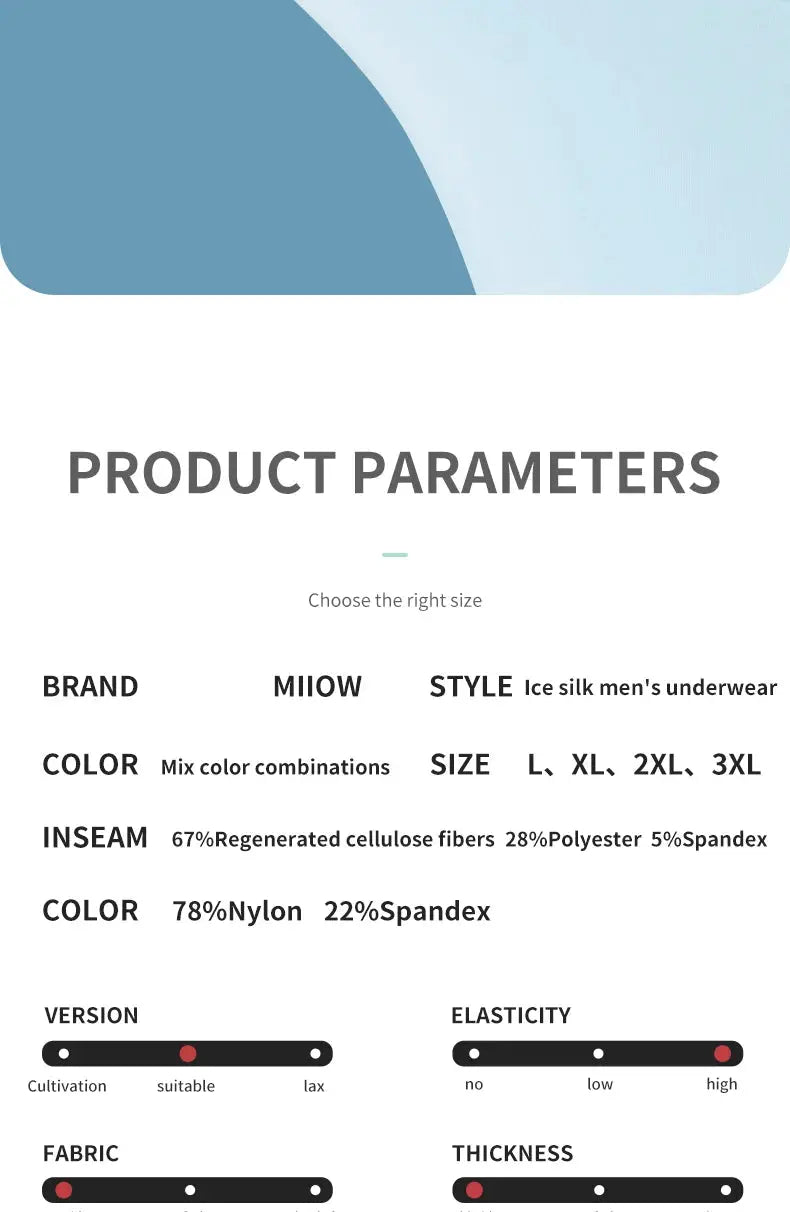MiiOW ice silk men's underwear product parameters sheet - brand, style, color options and sizes L-3XL
