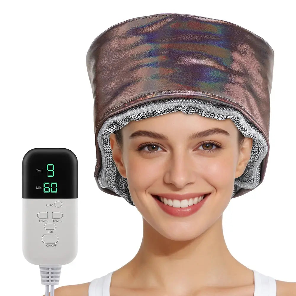 Simples Market 10-Level Electric Hair Heating Cap with waterproof metallic brown hood and remote