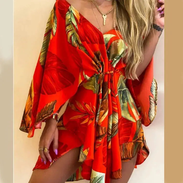 Women Boho Floral Print V Neck Bat Sleeve Ruffle Sundress Beach