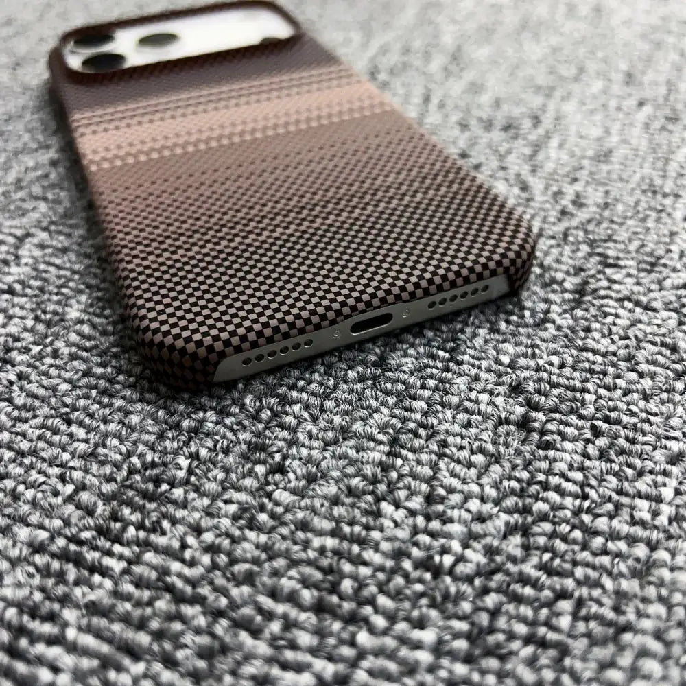 Simples Market frameless carbon-fiber Kevlar MagSafe iPhone case with brown checker texture