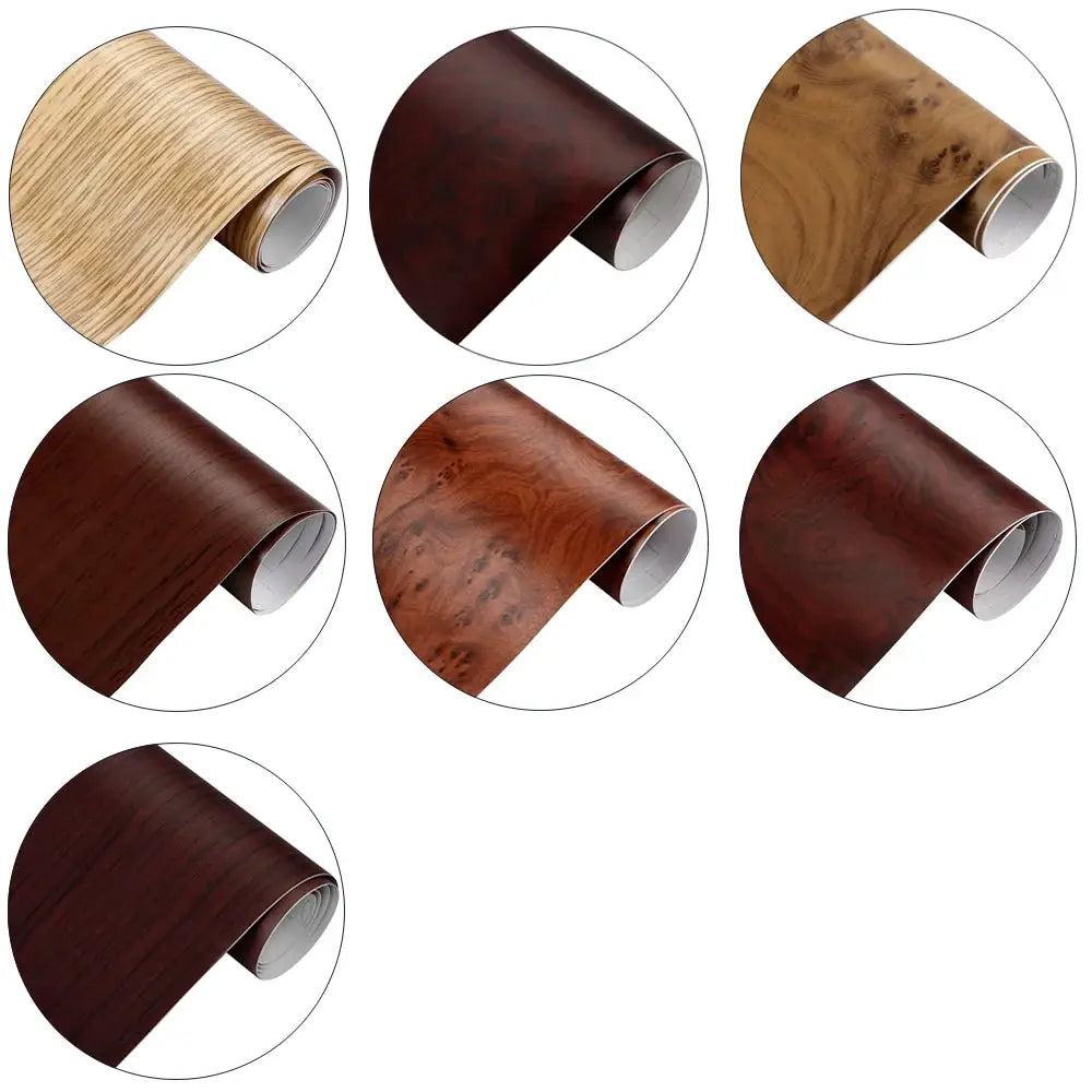 Wood grain PVC self-adhesive vinyl wrap swatches, 7 color options for car interiors and furniture projects