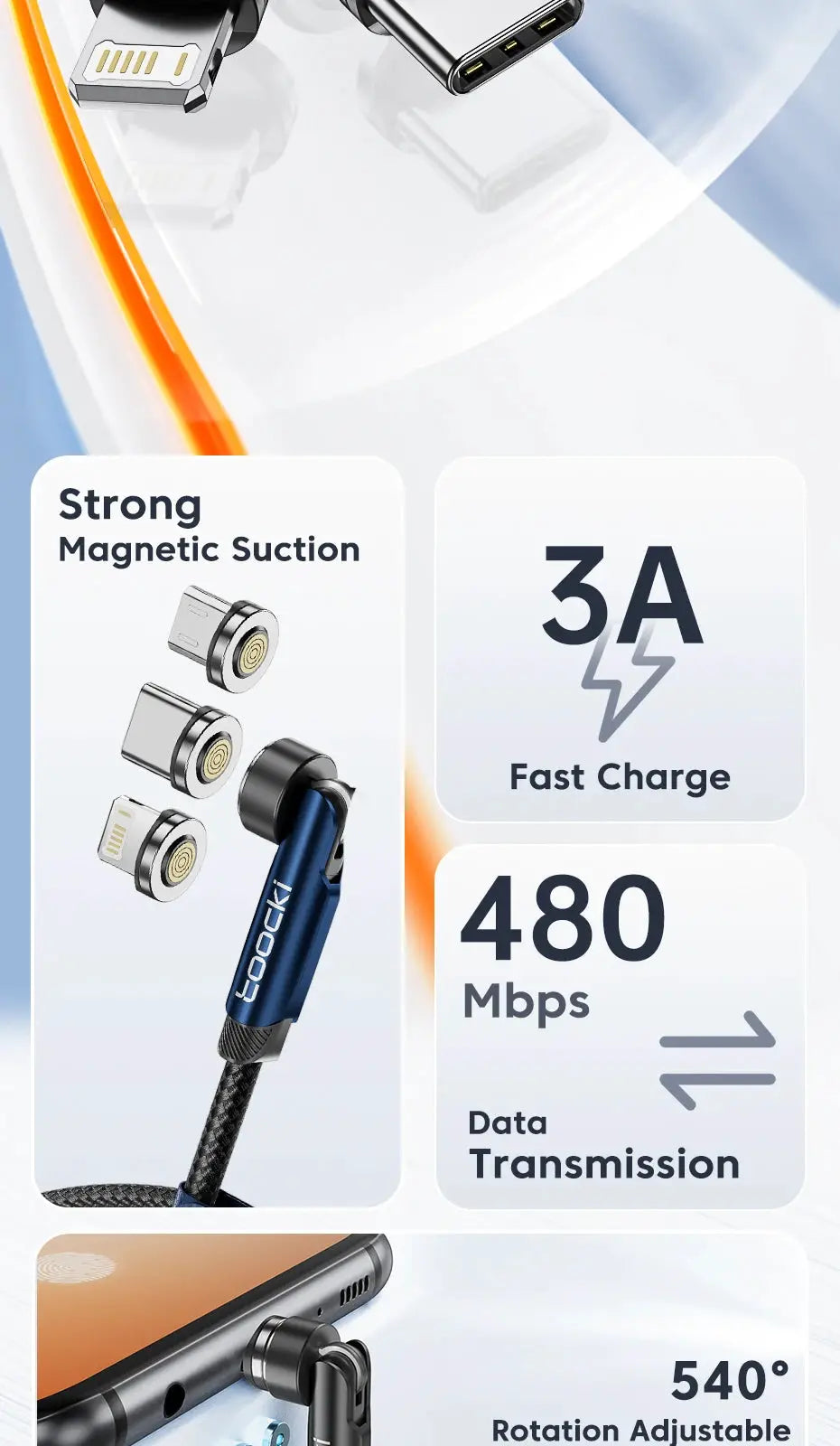 Toocki 540 rotate magnetic USB Type-C cable, blue braided, magnetic tips, Simples Market