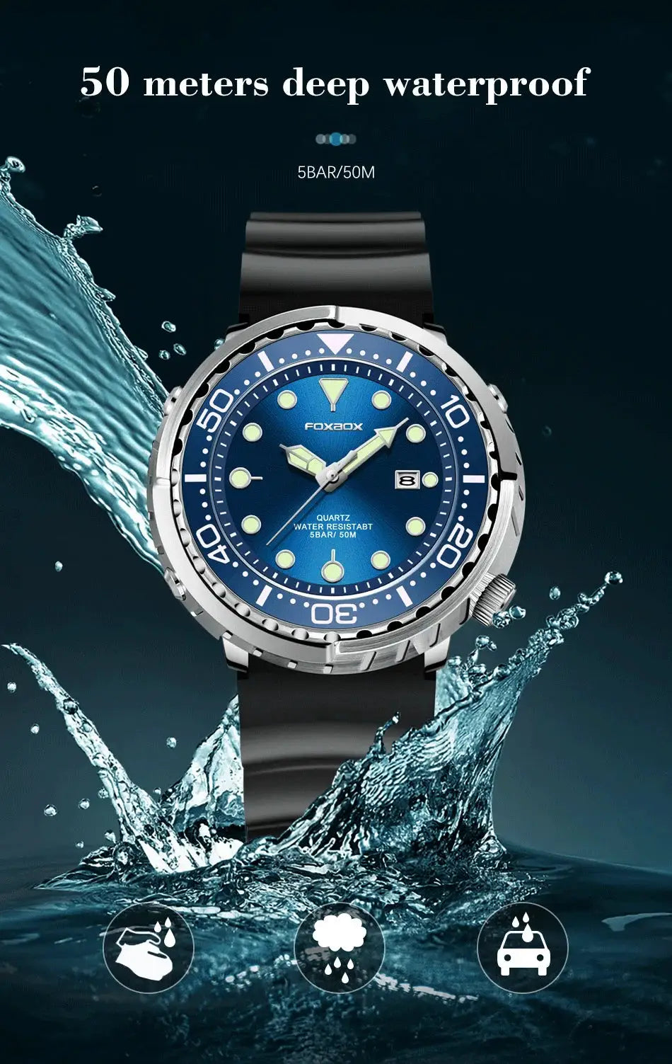Foxbox men's diver watch with blue dial, stainless bezel, black strap, 50m water resistant