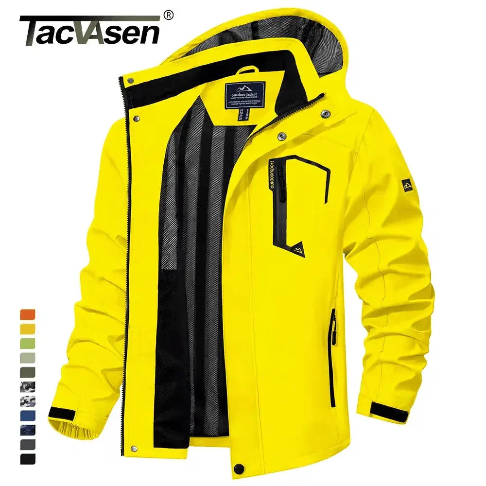 TacVasen men's yellow waterproof rain jacket with mesh lining and zip pockets