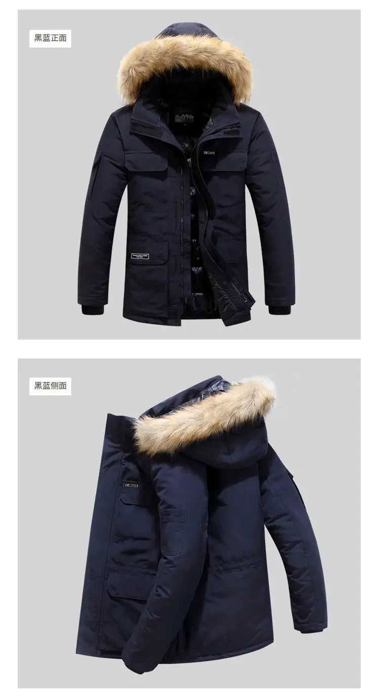 Simples Market men's navy -30 Degree down parka with fur-trimmed hood, mid-length winter coat