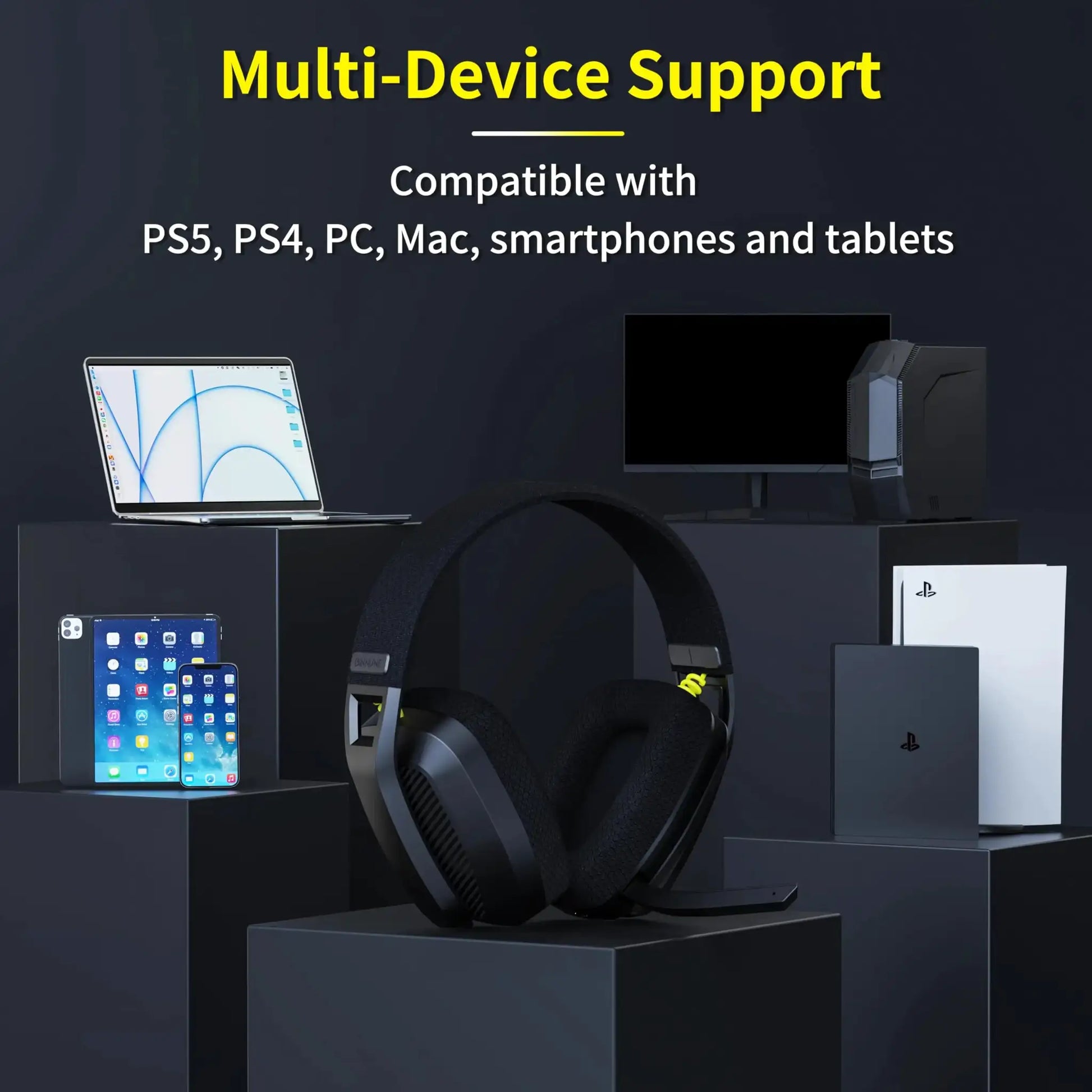 BINNUNE BW06 wireless gaming headset with microphone for PS5/PS4/PC/Mac, black over-ear design