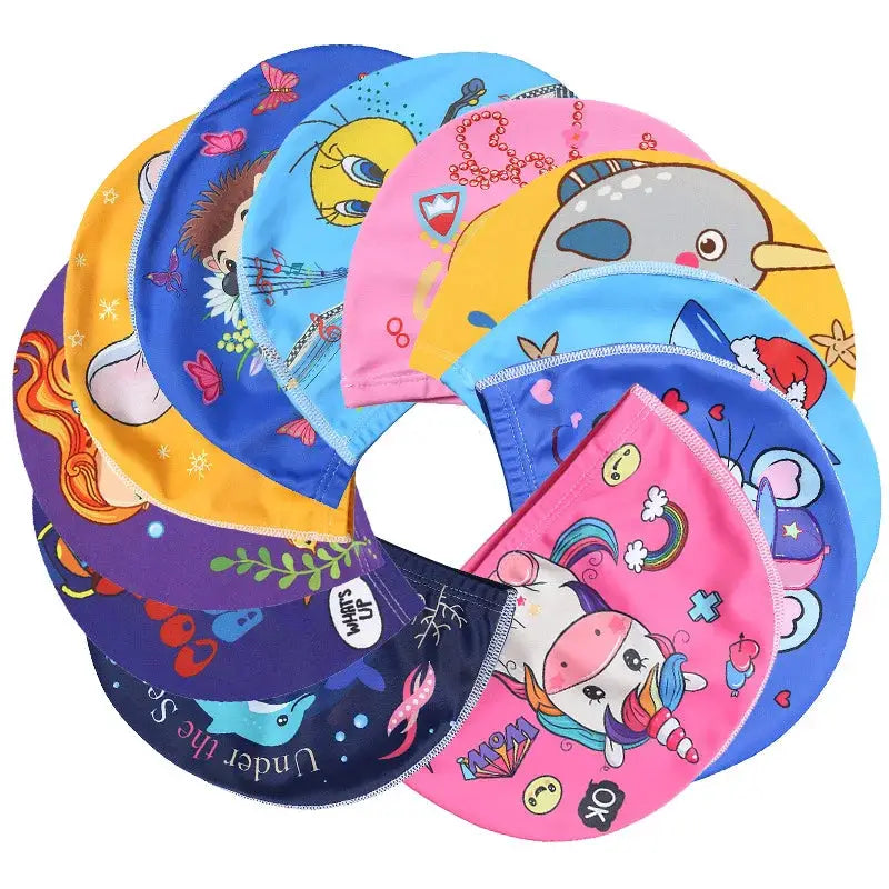 Kids Cartoon Swim Cap Elastic Fabric Pool Water Sports Ears Protection Hat Bathing Cap Boys Girls