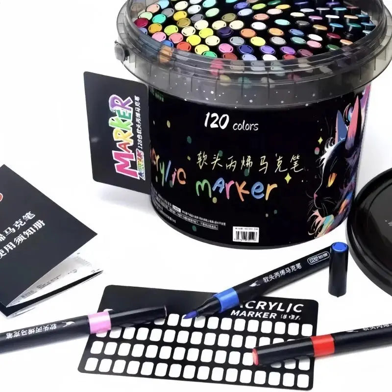 Bucket-cap acrylic marker set by Simples Market, 120 colors with soft-head tips for students.