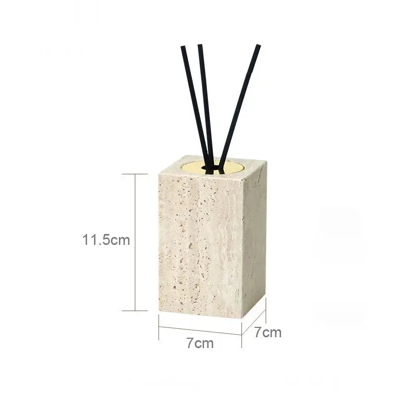 Beige travertine bathroom accessories set with reed diffuser sticks; cube holder by Simples Market, 11.5 cm tall