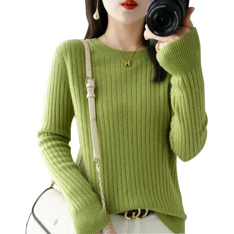 Aurora Knitwear Warm O Neck Stripe Loose Fit Sweater For Autumn Winter Layering Cozy Knit