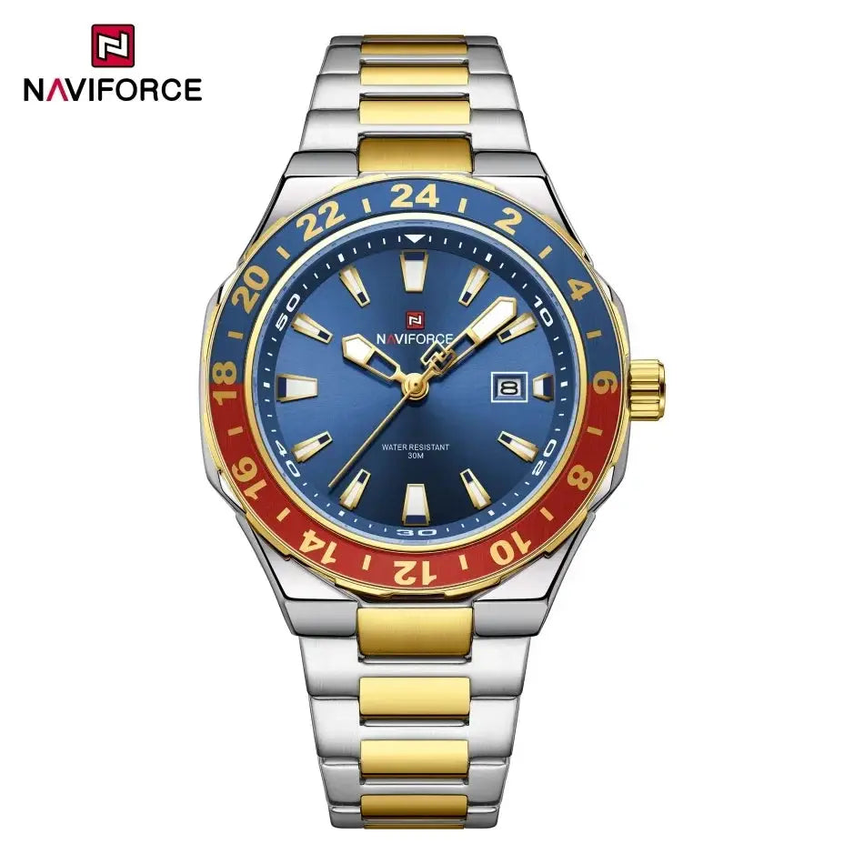 Naviforce luxury men's stainless steel wristwatch with blue dial and two-tone gold-silver bracelet