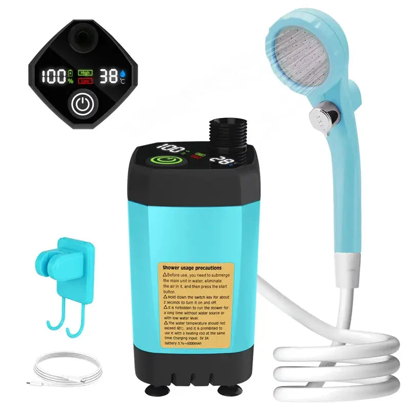 Camping shower pump kit by Simples Market with digital display, blue/black unit, shower head and hose.
