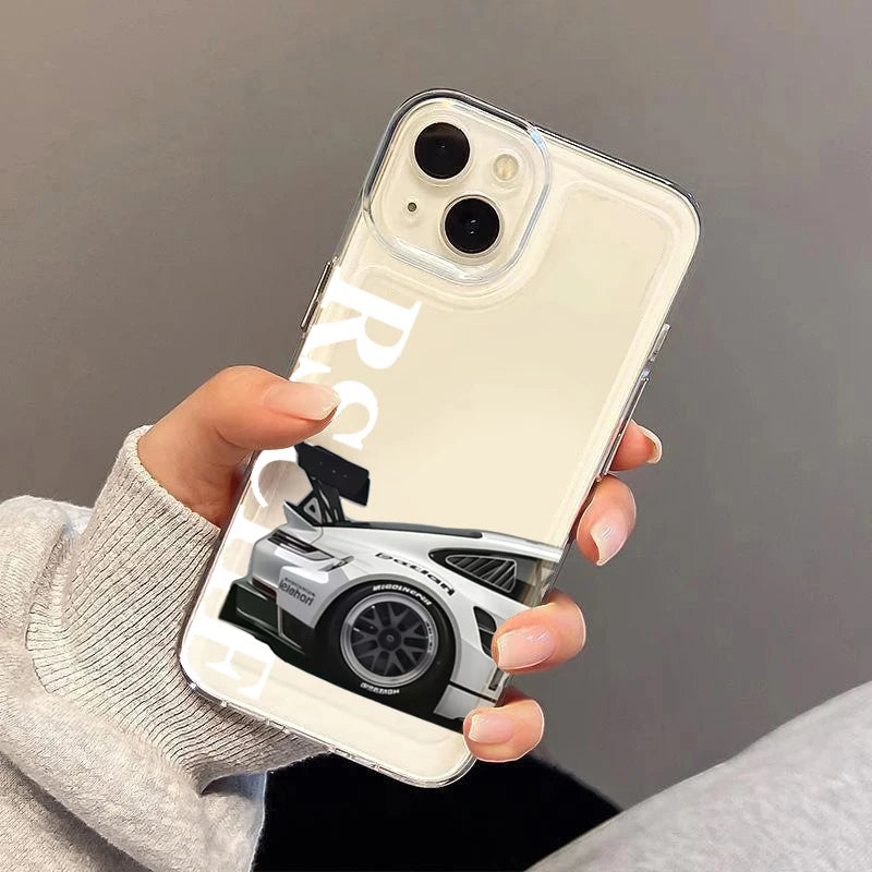 Phone case, transparent with white race car graphic, Simples Market sporty cover for iPhone 17 Pro Max and other models.