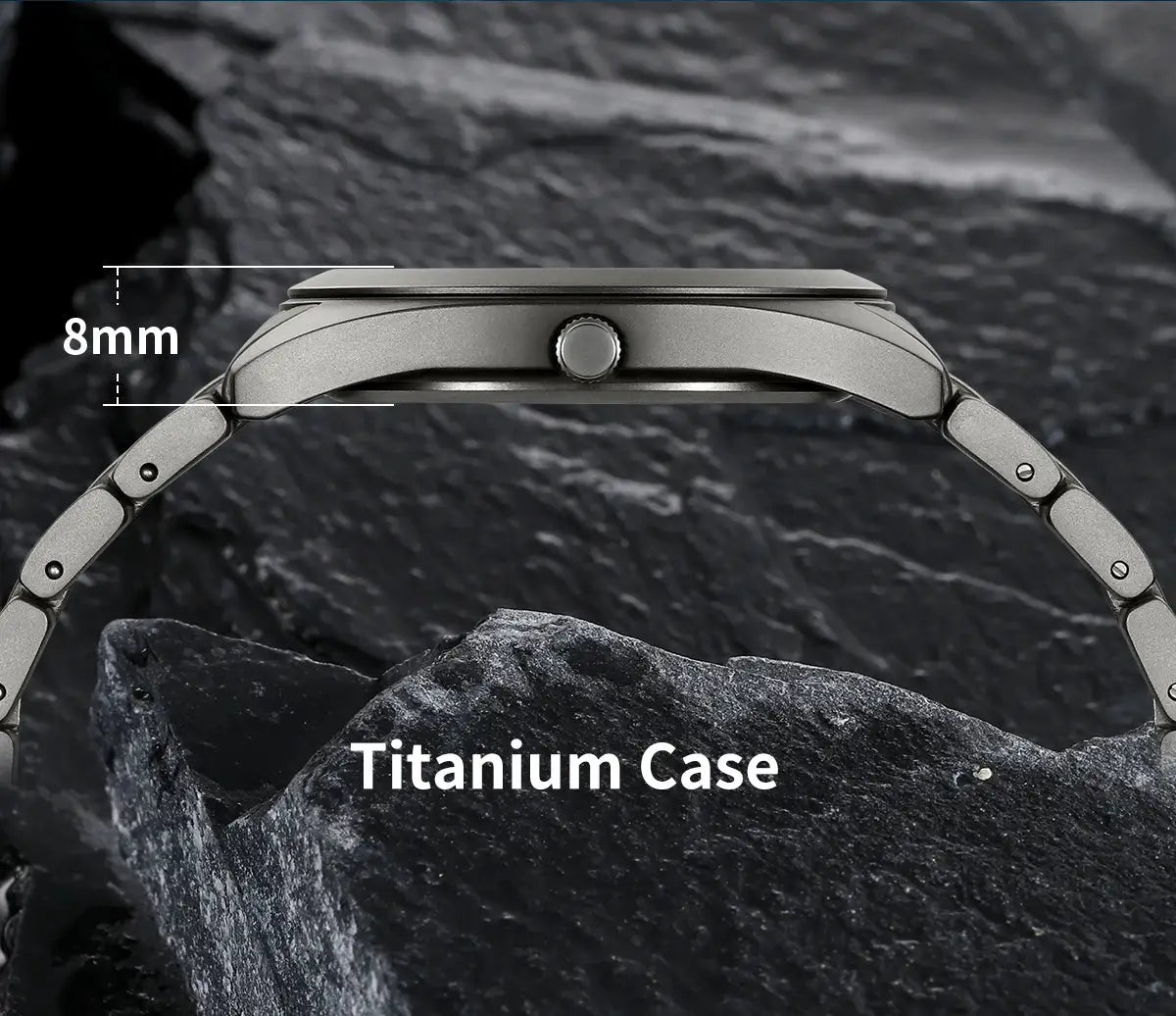 BERNY men's titanium wristwatch with silver case and 8mm thick profile